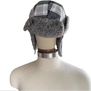 Vtg Blue Grey Black Plaid Check Faux Fur Bomber Trapper Hat 1 Size Fits Most